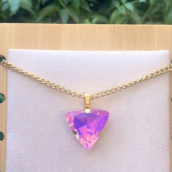 Jewelry - Pink-Purple Aurora Borealis + Gold Triangle Crystal Drop Pendant Boho Necklace